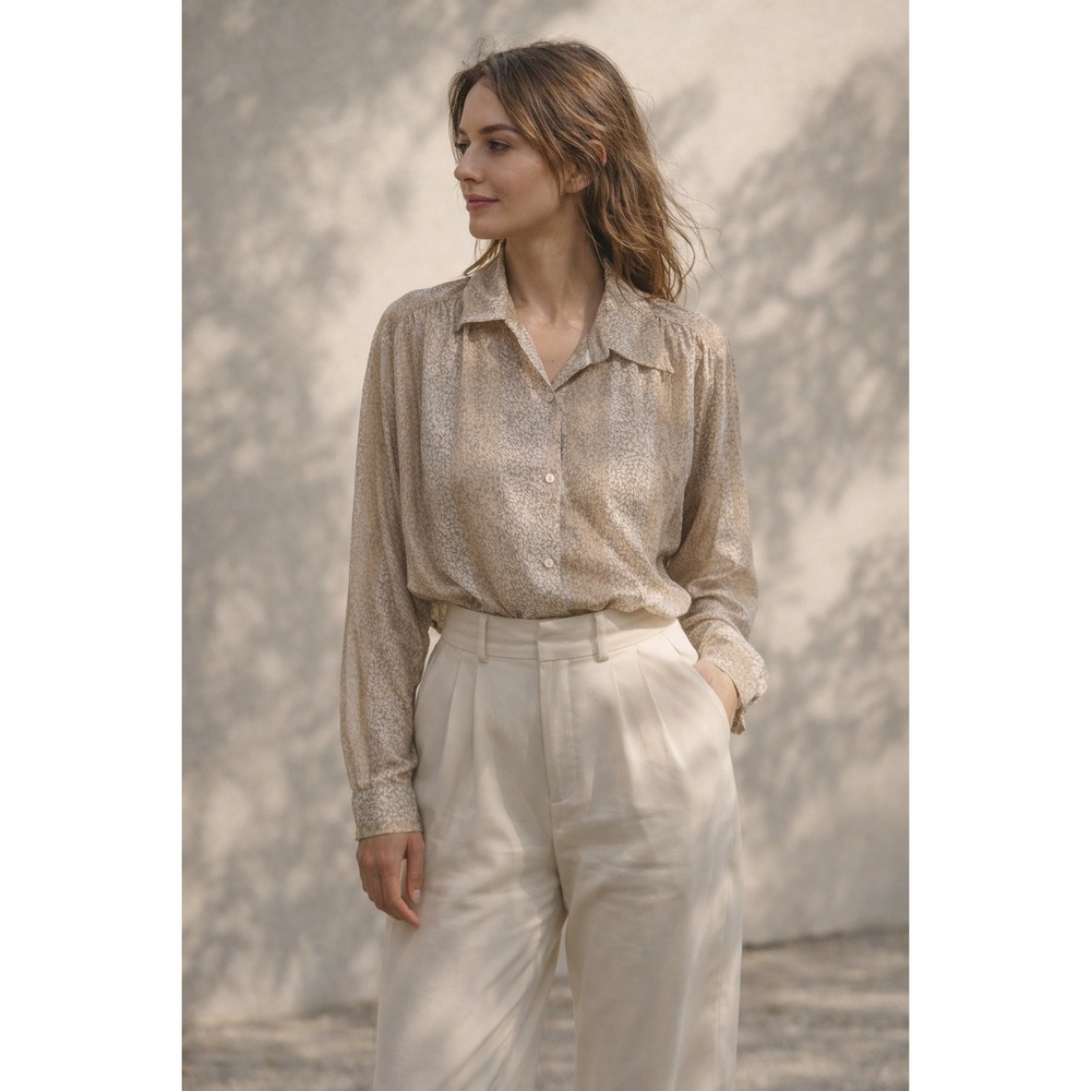 La Chine Petites Galinda Wang Vintage High Neck Blouse Tan Abstract Print 8P